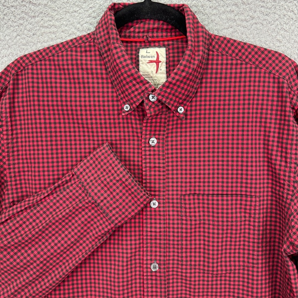 Relwen Shirt Mens L Red Black Gingham Check Button Up Outdoor Rugged Huckberry